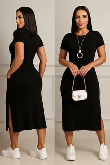 Vestido Midi casual moda feminina fenda lateral - Alanis