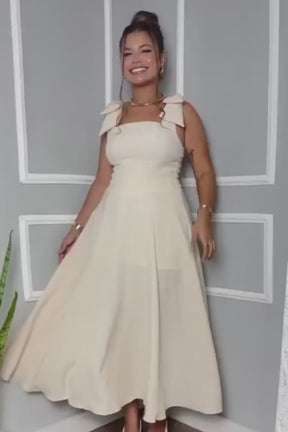 Vestido Midi De Linho Forrado Com Lacinho No Ombro - Aurora